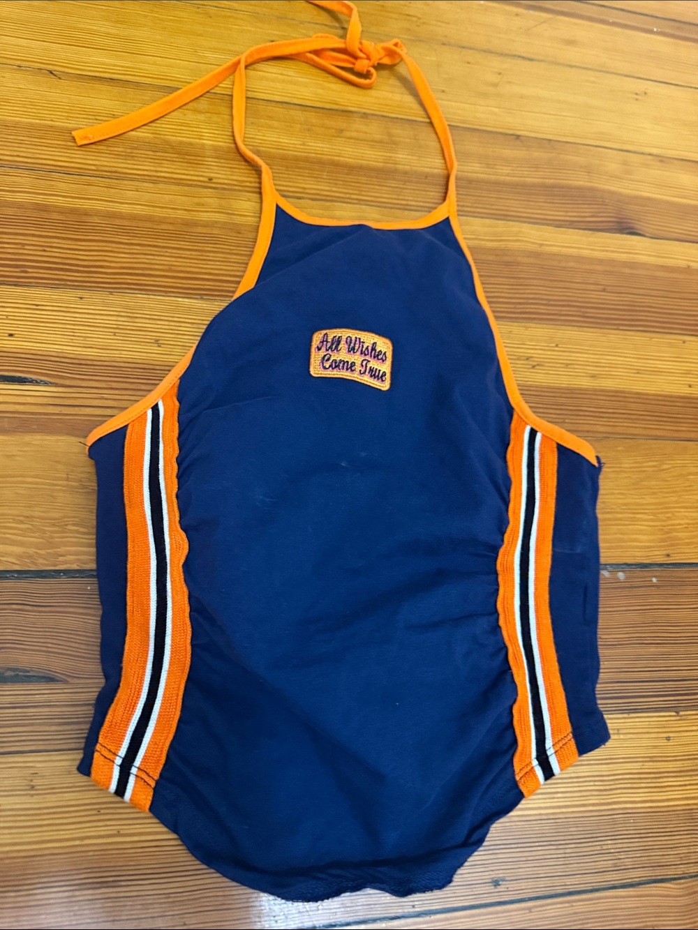 Navy and Orange Halter Tank Top with Side Stripe Detail